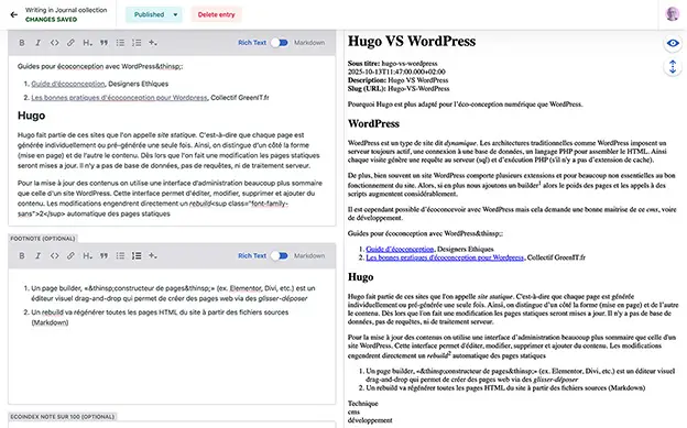 Interface de Decap CMS de la présente page Hugo vs WordPress